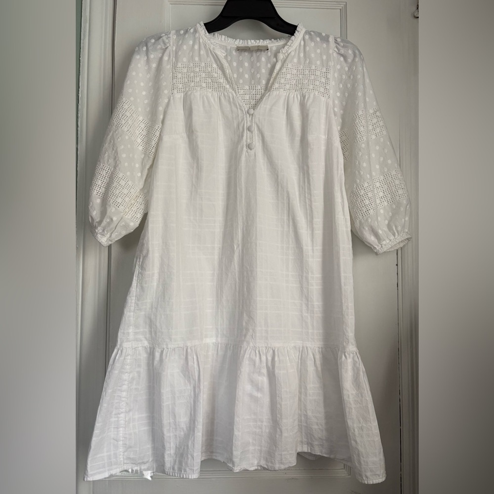 Loft White Swiss Dot Lace Trim Peasant Midi Boho Cottagecore Dress Sz: Small